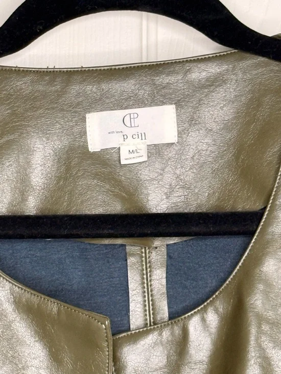 Olive Faux Leather Jacket Women M/L Open Front Lightweight Chic Rare by p. Cill - Picture 3 of 10